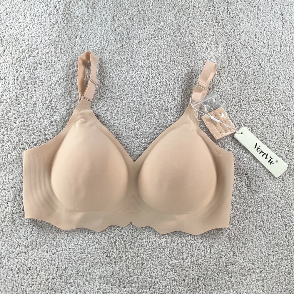 VertVie Wireless‎ Support Bra Beige Convertible Straps Seamless Scalloped Large
